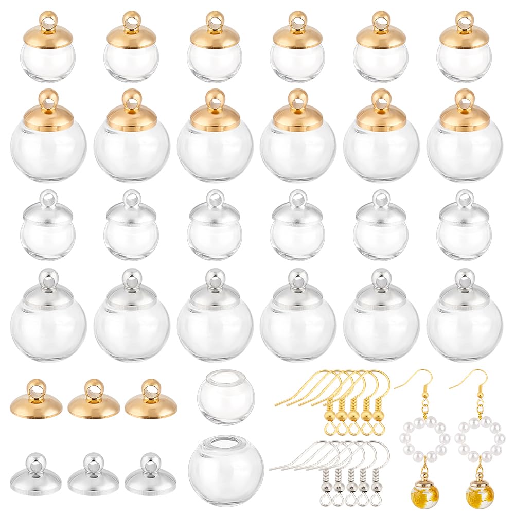 PH PandaHall Mini Cute Clear Glass Globe Ball Bottles Charms with Brass Bead Cap Pendant Bails Earring Hooks Vial Charms for Dangle Earring Making DIY
