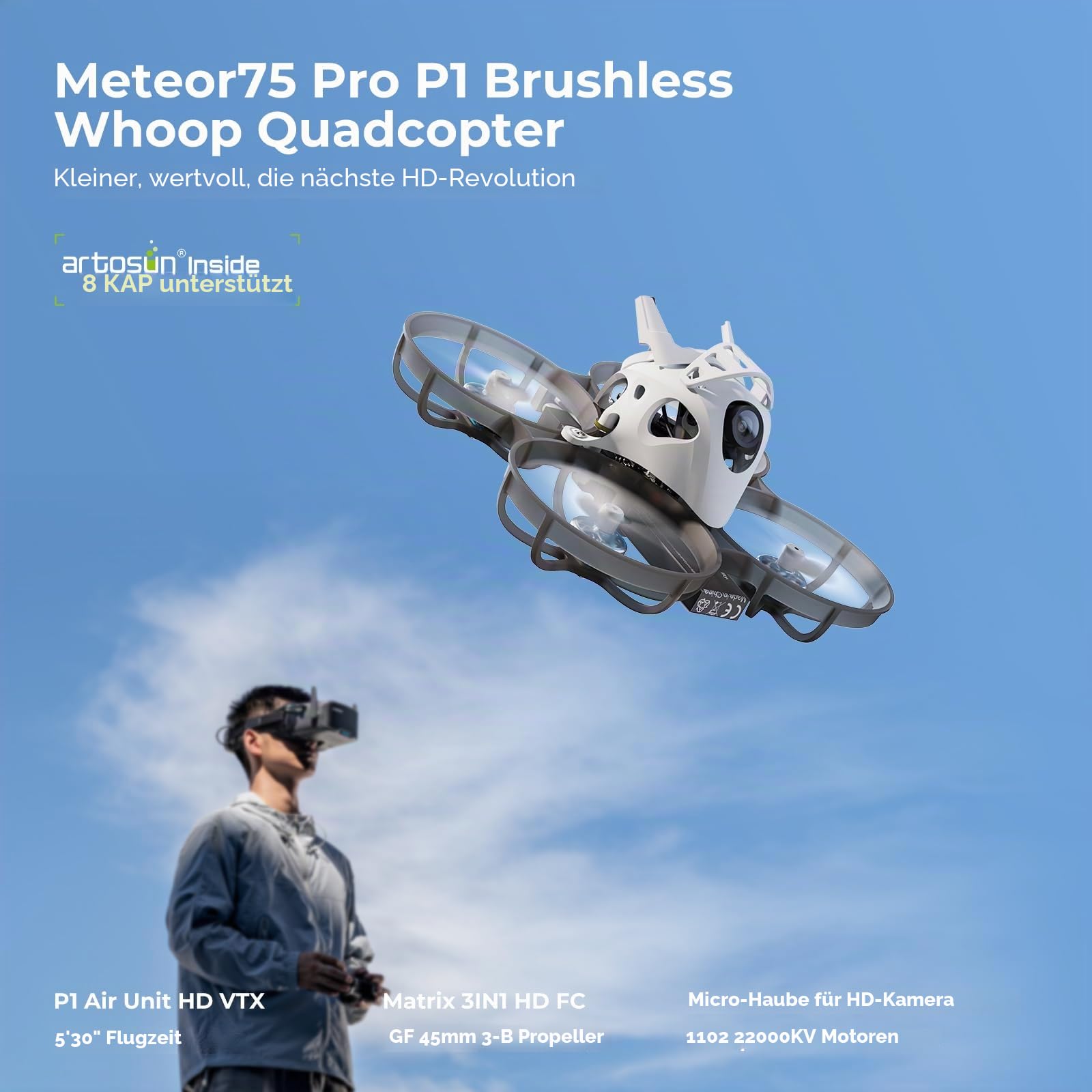 BETAFPV Meteor75 Pro P1 1S Brushless Whoop with 1080P HD VTX for Cinematic | 170° FOV CMOS sensor, Compatible with Matrix 1S 3IN1 HD FC, 1102 22000KV Motor, 45mm 3-Blade Prop, Fly Time Up to 5.5Min