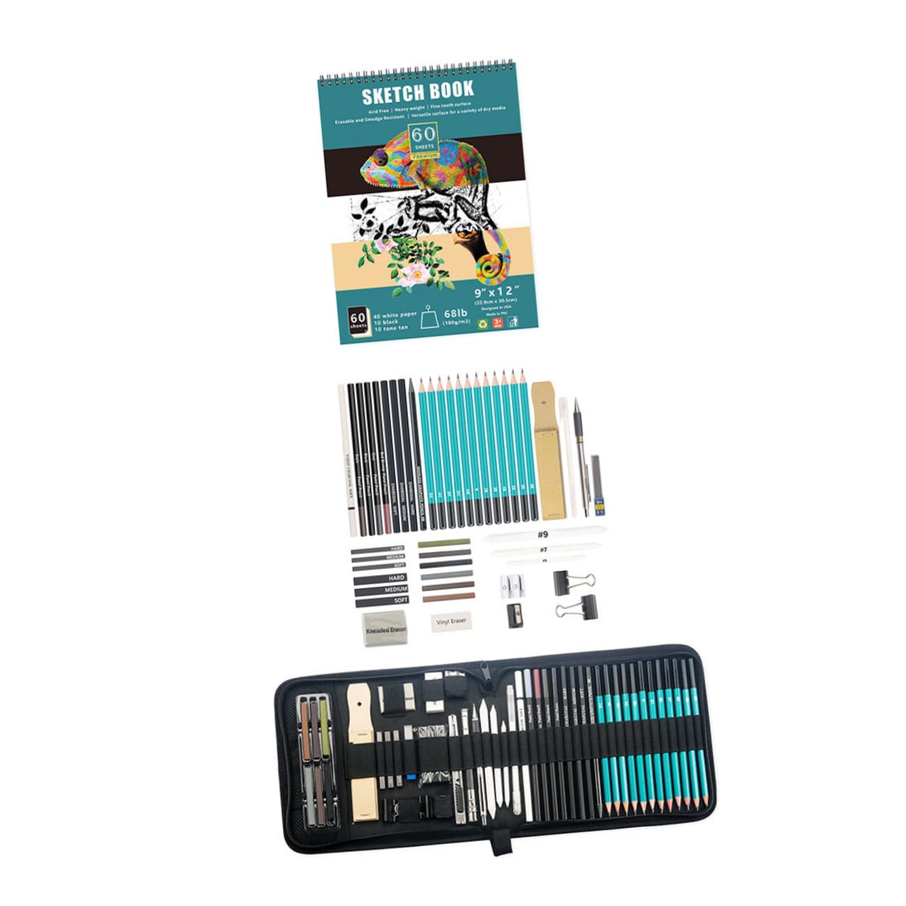 Healeved Skizzierbleistiftset für Hobbyisten und Kinder, 1 Satz mit Zubehör | Nylonetui, Holz und Metallteile, Papierblock Enthalten, für Zeichnen, Entwurf und Mobiles Arbeiten
