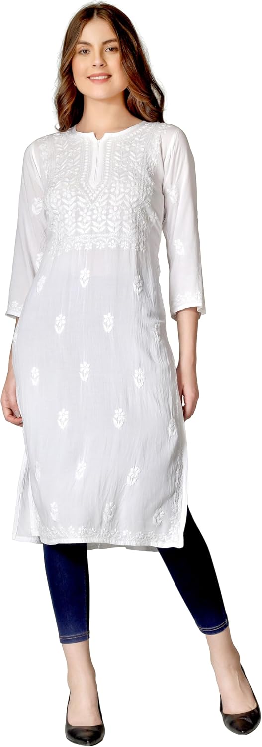 ladyline Rayon Lucknowi Chikankari Embroidered Tunic Top for Women – Knee Long Kurti,3/4 Sleeves, Ethnic Kurta Blouse