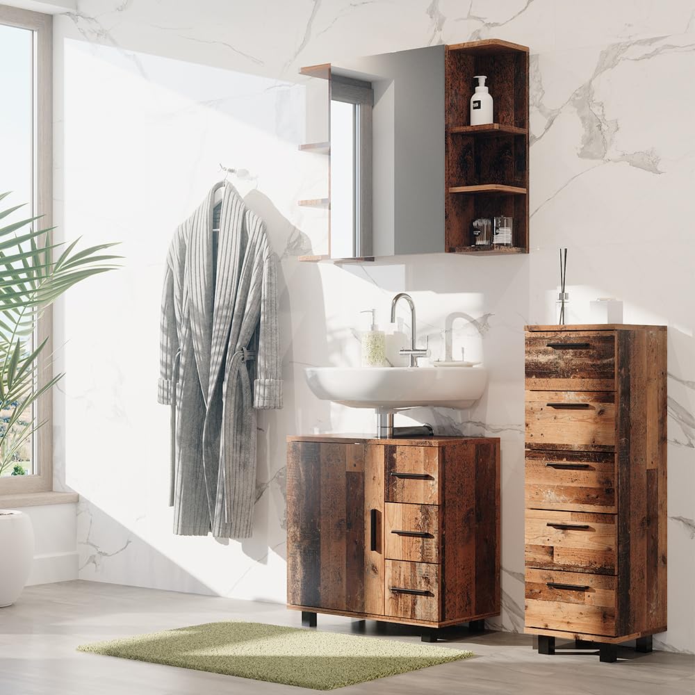 Vicco Meuble Salle de Bain Ilias, Chêne Rustique, 30x95cm avec 5 tiroirs, adapté à la Fixation Murale et Compatible avec la série Ilias