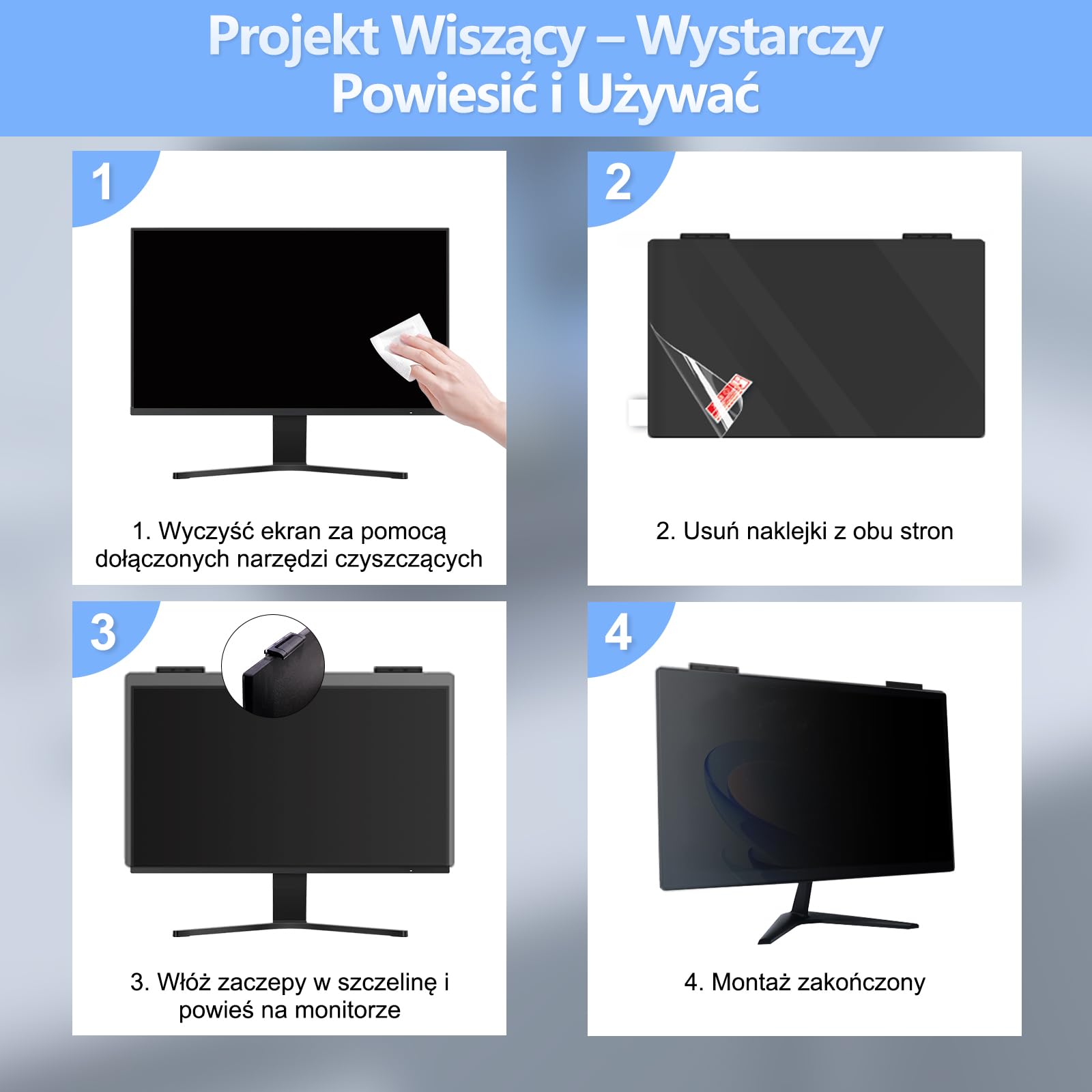Filtr Prywatności do Monitora 24 Cali 16:9, 2 Sztuki, Zdejmowana Folia Antyodblaskowa, Ochrona przed Niebieskim Światłem, Kompatybilna z HP, Lenovo, Dell, Samsung, Asus