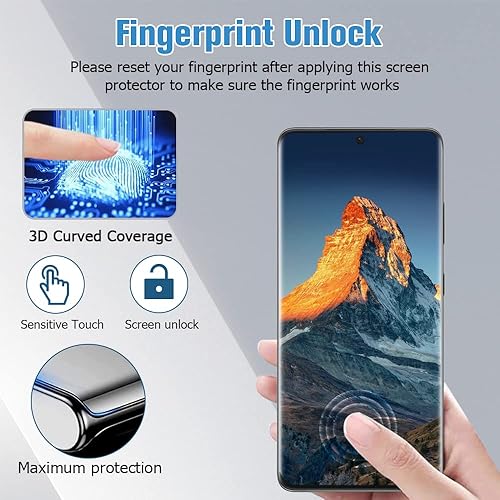 Miniatura 3 de Geviaho Protector de pantalla para Galaxy S21 Ultra 5G + protector de lente de cámara, vidrio templado 9H, desbloqueo de huellas dactilares, curvado