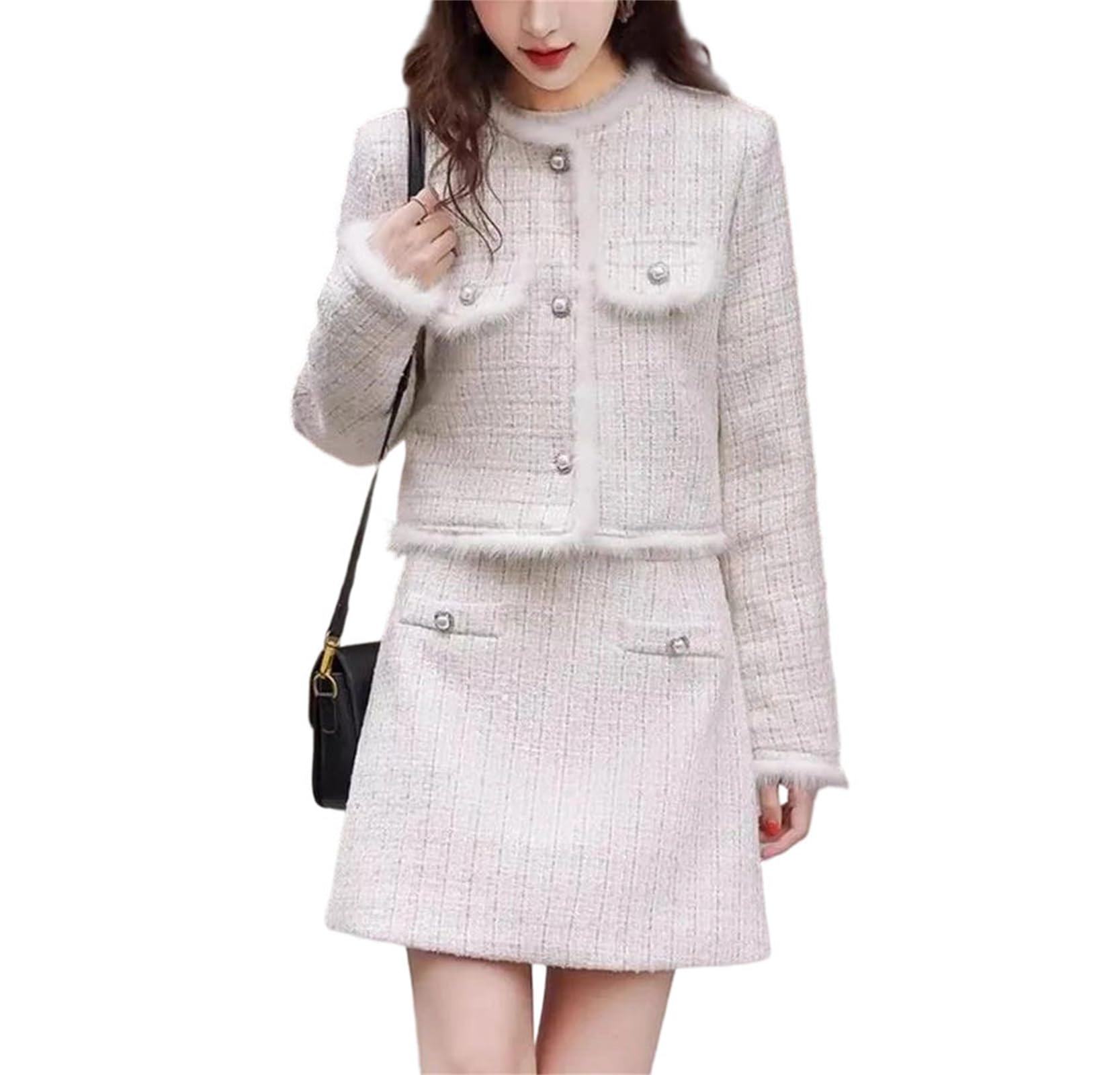 Womens Slim Tweed Two Piece Outfit Elegant O-Neck Single Breasted Jacket and High Waist Skirt Casual Business Set