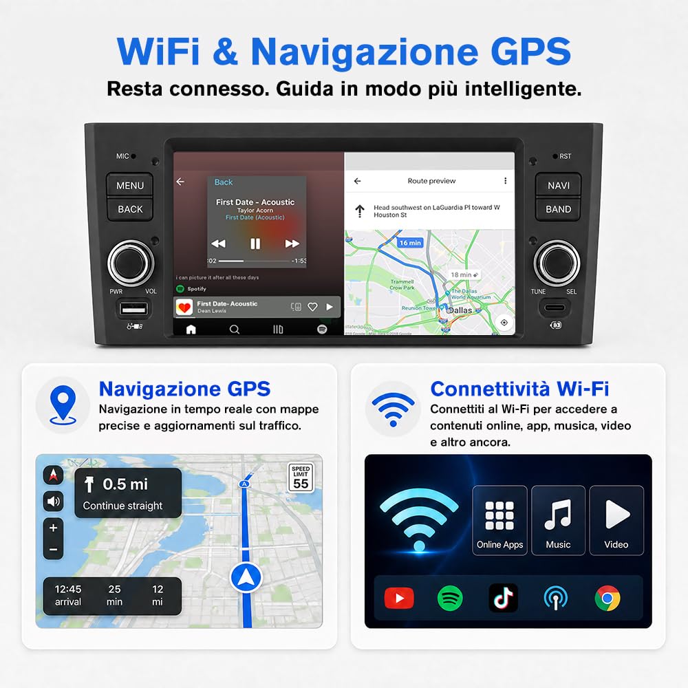Autoradio 1 DIN per Fiat Grande Punto (2005-2012) 6,86" Android 15 Car Radio con Bluetooth Wireless CarPlay Android Auto WIFI GPS FM RDS Comandi al volante Telecamera posteriore (2GB+64GB)
