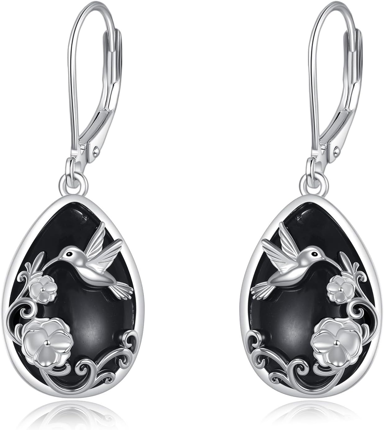 KQF Hummingbird Earrings 925 Sterling Silver Black Onyx Earrings Filigree Hummingbird Jewelry Gifts for Women