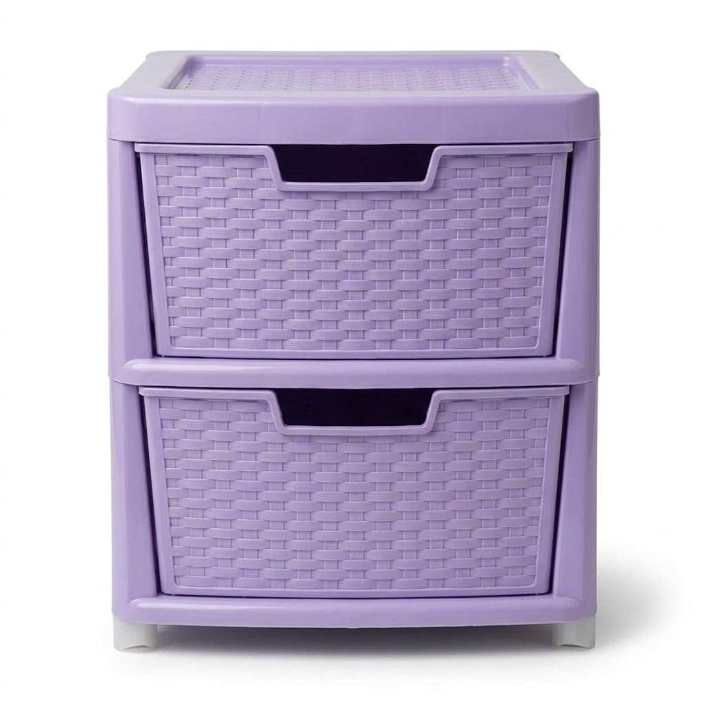 Kaanco Large Plastic Storage Drawers Rattan Effect Storage Unit Tower Space Saving Plastic Drawers for Bedroom Office Kitchen Laundry Bathroom Clothes Toy Home Organisation (2 Tier Rattan Lilac)