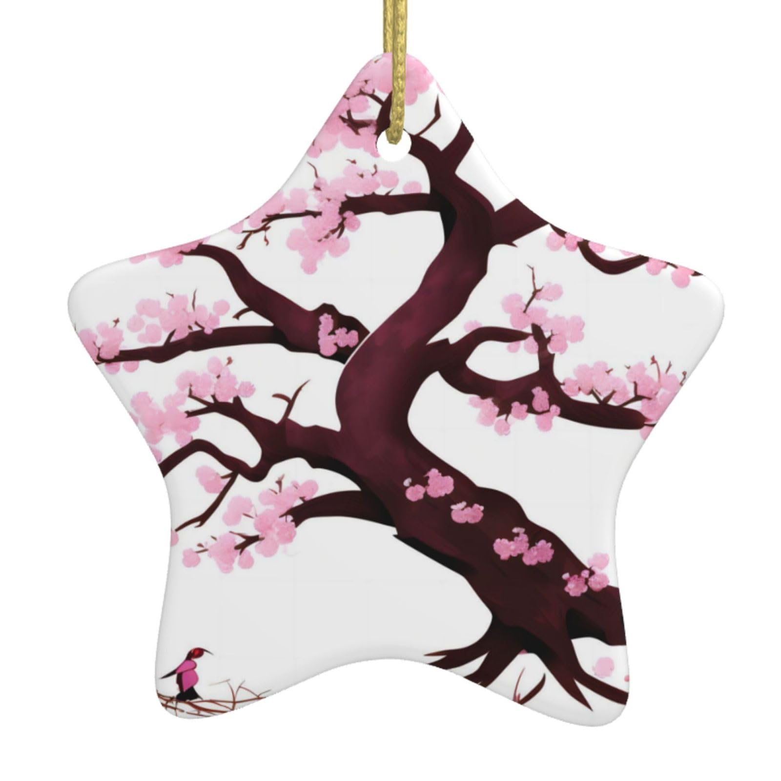 Cherry Blossoms Tree Christmas Ceramic Star Pendant with Punched Holes and Gold Wire Rope, Christmas Tree Home Decoration
