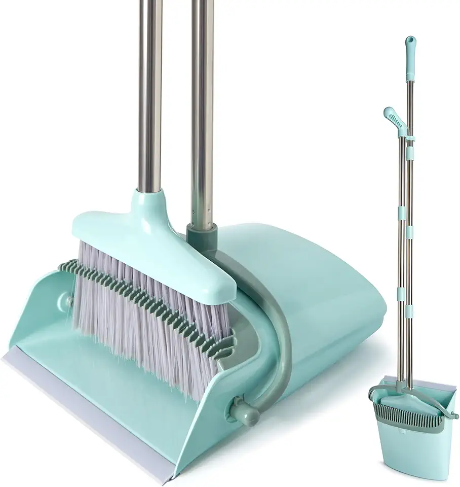 XXXFLOWER Broom and Dustpan Set with Cleaning Teeth, 55" Long Handle Indoor Sweeping Combo for Home Office Kitchen, Bluish Green