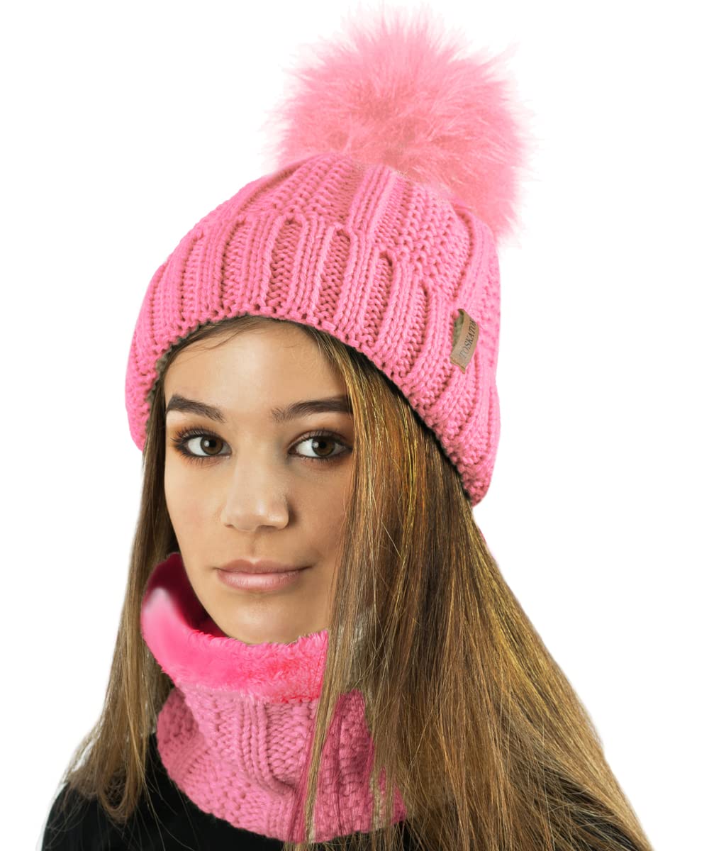 TOSKATOK Ladies Womens Winter Rib Seed Stitch Beanie Bobble Hat with Warm Cosy Fleece Liner & Large Faux Fur Pom Pom - Rose Set