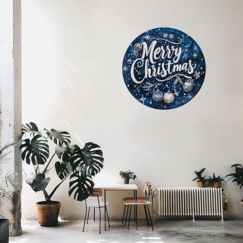 Miniatura 4 de Letrero redondo de hojalata con texto en inglés "Merry Christmas", adorno azul y plateado, letrero retro de aluminio para cocina, jardín, patio,
