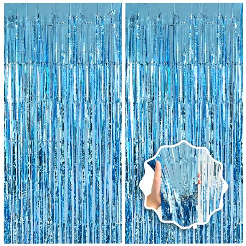 Blue Streamers Party Decorations 3.3x8.2ft 2 Pack Light Blue Tinsel Foil Fringe Curtain Backdrop Ocean Themed Party Decor Photo Booth Props for Birthday Baby Shower Bachelorette Door Hanging Wedding