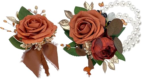 CherishedMoments Juego de ramillete de peonía de rosa artificial hecho a mano y ramillete de muñeca de peonía de color naranja quemado para boda,