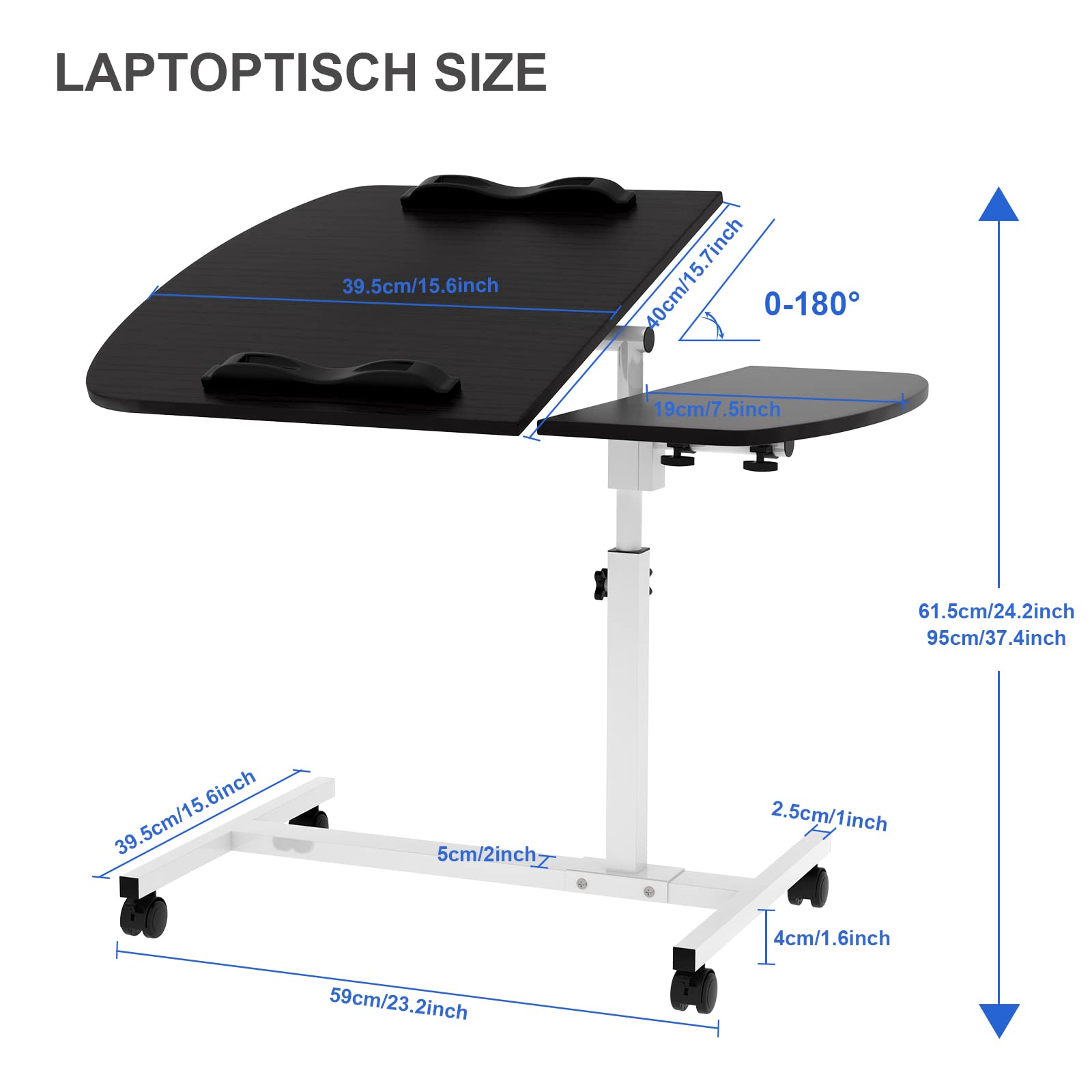 Mesa de cama con rueda, escritorio de pie móvil ajustable en altura de 61,5 – 96 cm con 4 ruedas, giratoria de 360 °, ruedas bloqueables, mesa para ordenador para sala de estar, dormitorio (negro)