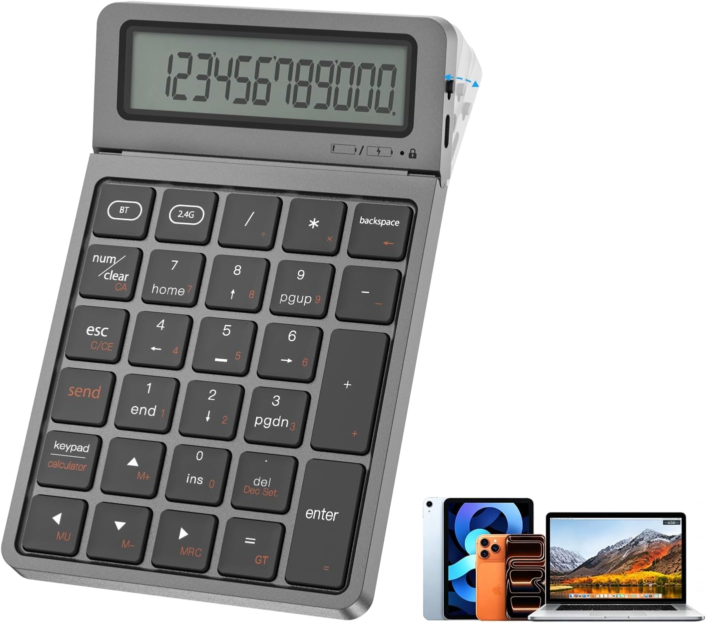 2-in-1 Wireless Bluetooth Number Pad, Bluetooth 5.0 & 2.4G Numeric Keypad with Calculator & Adjustable Screen, USB C Rechargeable Numpad for Laptop, Mac, iMac, Windows,Tablet, PC Desktop - 33ft Range
