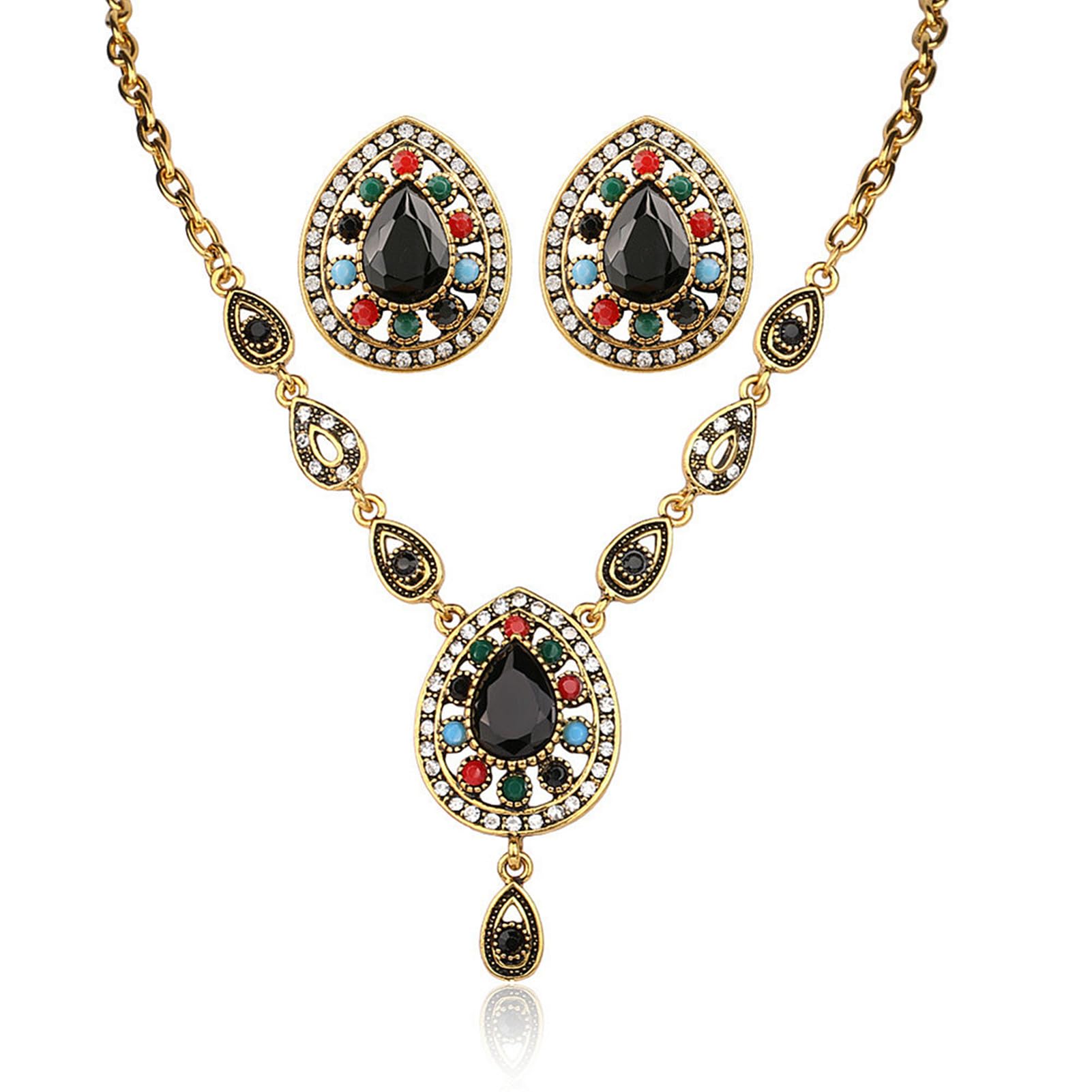 la luenVintage Necklace Earrings,Faux Gemstone Exaggerated Jewelry Set Gold Plated Indian Dubai Retro Jewelry For Mom(2 Pieces Set)