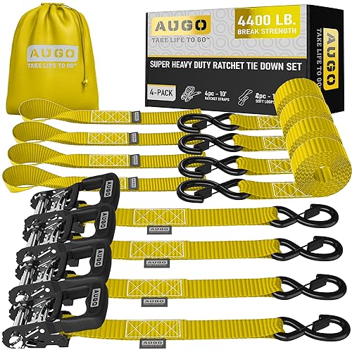 Image of AUGO Heavy Duty Ratchet Straps & Soft Loops - Pack of 4 Extra Strong 1.5 inch by 10' Ratchet Straps w /S-Hook Safety Latches & 4 Soft Loop Tie Downs - 4400Lb Break Strength for Motorcycles, ATVs, Etc.
