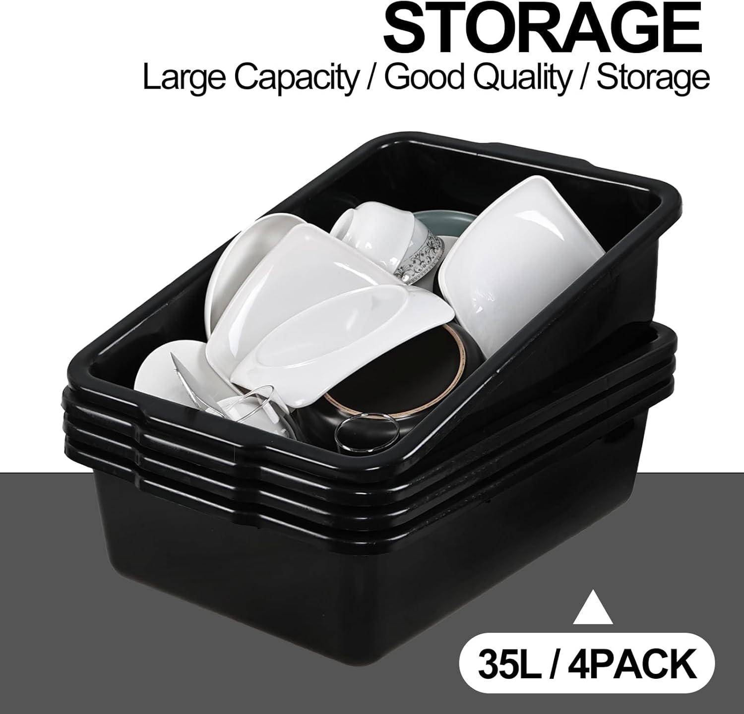 4 Pack Commercial Bus Tubs, Bus Box/Tote Box, Black (35 L)