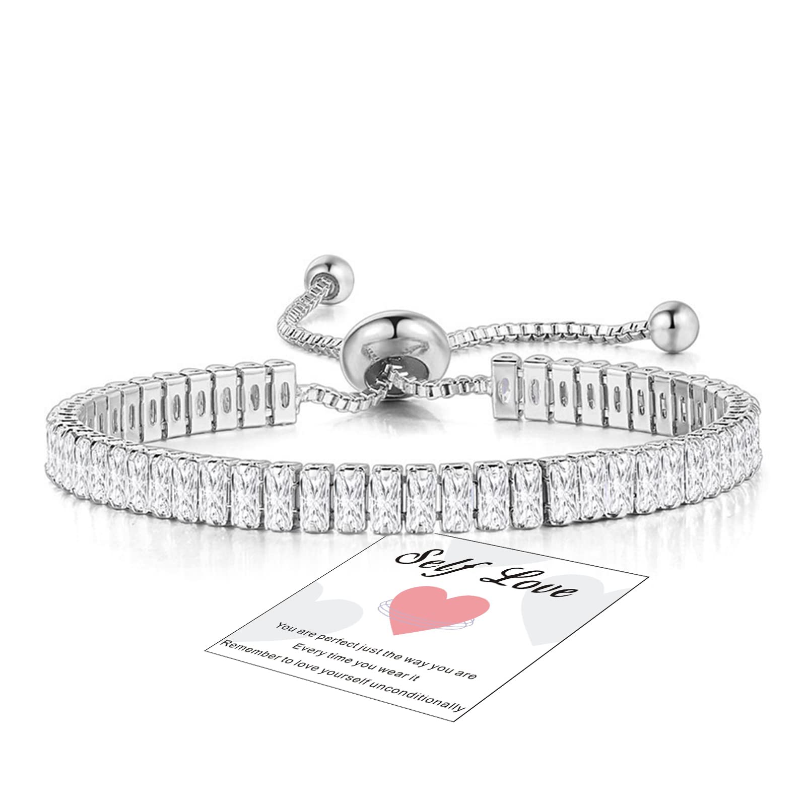 FUNTESilver Bracelet for Women- Sterling Silver Tennis Bracelet- Womens  Crystal Slider Bracelet- Sparkle Diamond Zirconia Adjustable Bracelet for 