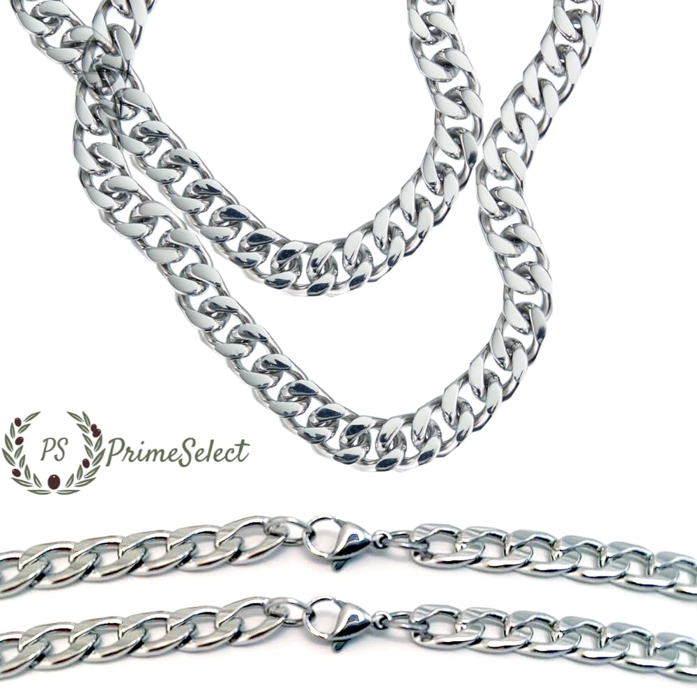 GenéricoPack 3 Collar de acero inoxidable resistente 5/6/7 mm ancho color platino - Cadena Unisex de eslabones cubanas - Joyeria Hecha a mano - 60cm longitud - Cordon Hipoalergénico y antioxidante