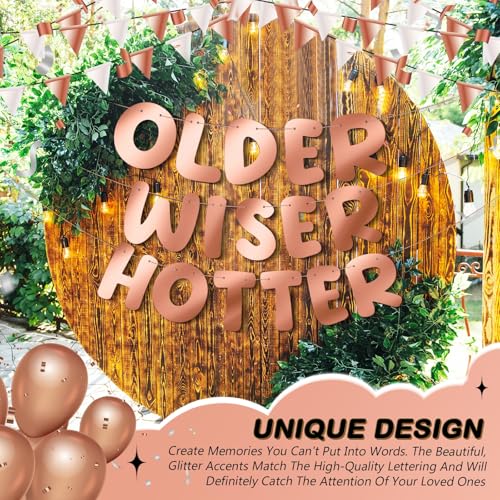 Image of Fulmoon Set of 3 Pre Strung Older Wiser Hotter Glitter Banner Funny Birthday Banner for Women 30th 40th 50th 60th 70th 80th Birthday Party Decorations Sign Gift(Bright Rose Gold)