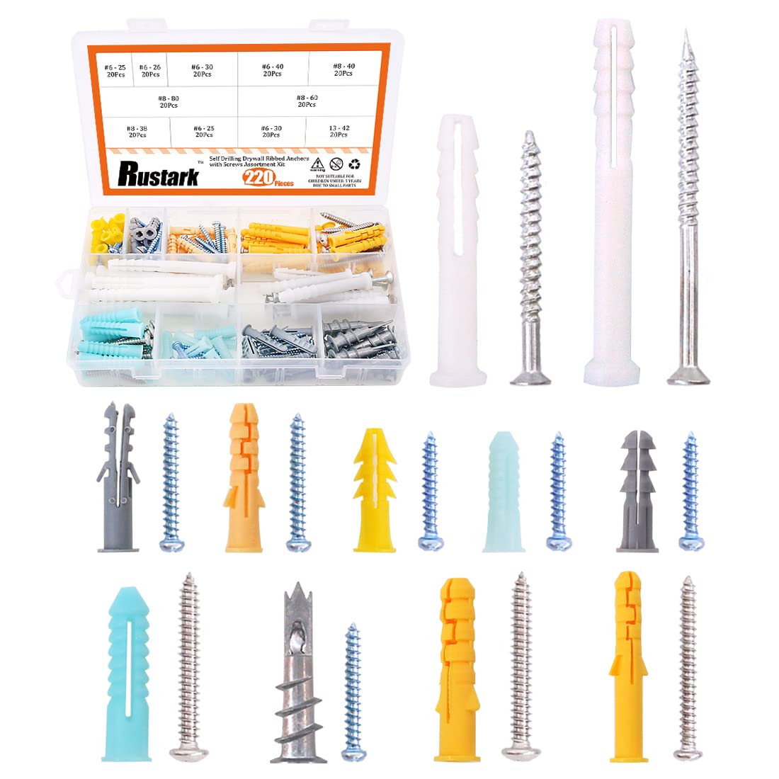 Rustark 220Pcs Plastic Drywall Anchors Screws Assortment Kit Hollow Drywall Ribbed Anchors with