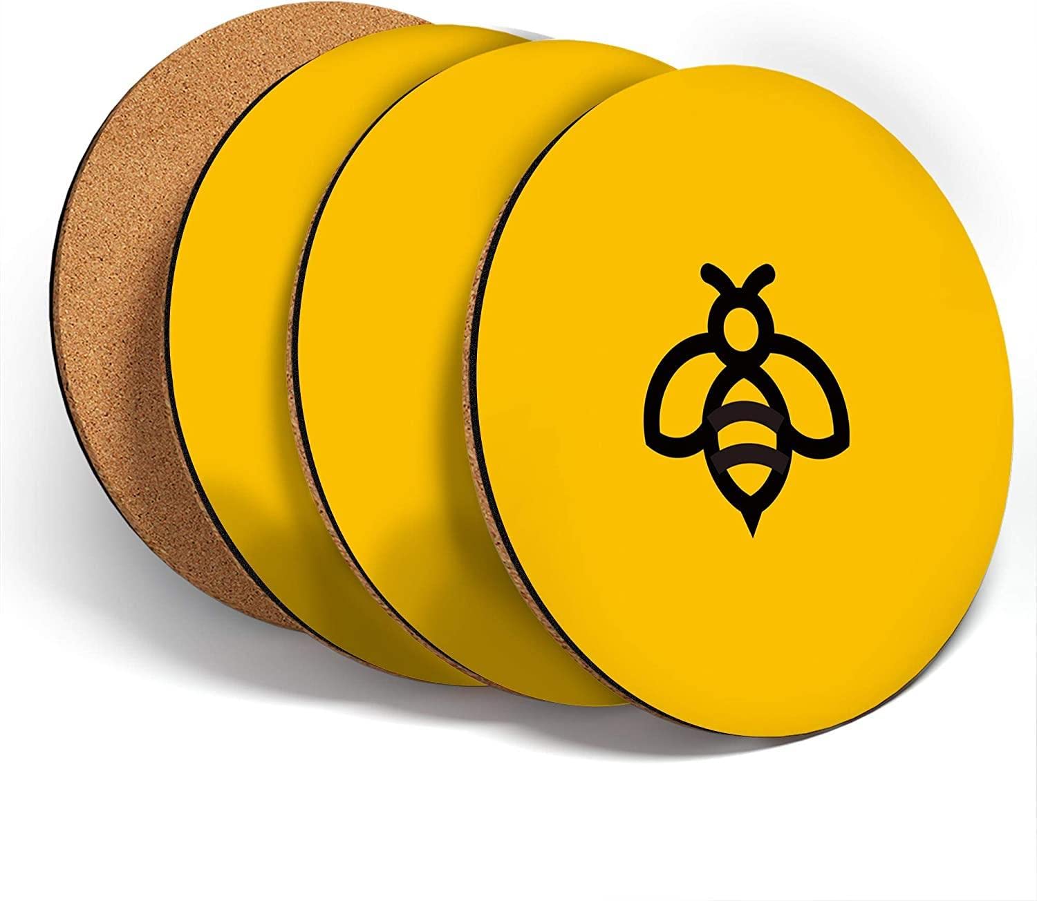 Sawfish® Coasters (Set of 4) Round - Yellow Bumble Bee Insect Bees Drink Glossy Coasters/Tabletop Protection for Any Table Type