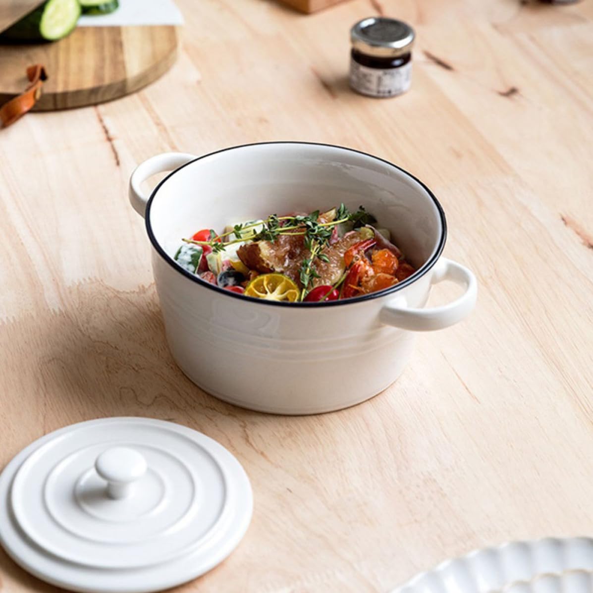 Bol à Soupe, à Double Anse Blanc avec Couvercle en Céramique Résistant la Chaleur et Robuste et Cuisine Repas Maison