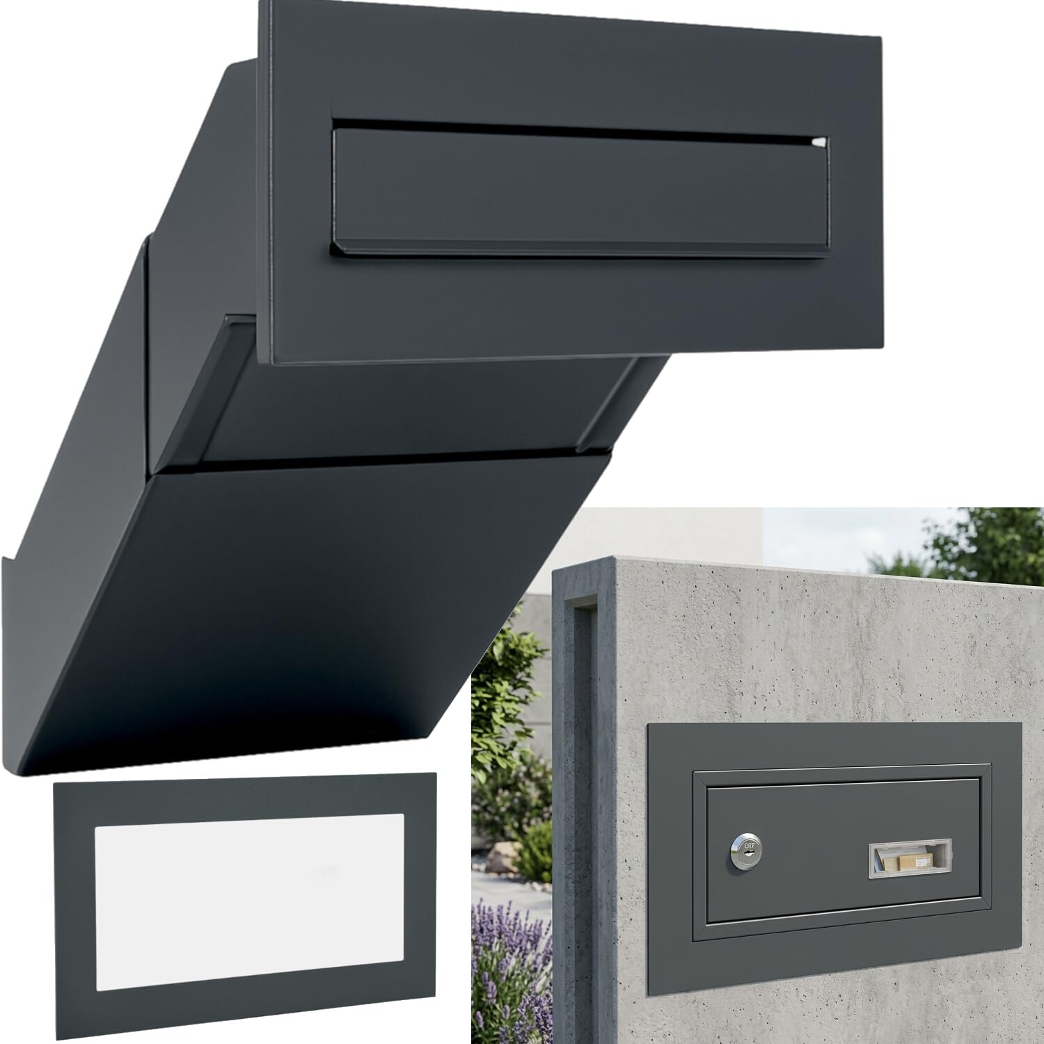 Wall Letter Box Anthracite Grey RAL 7016 with Frame Built-in Letterbox XXL Wall Thickness 260-420 mm Weatherproof Front Panel 305 x 135 mm Sheet Steel Powder Coated