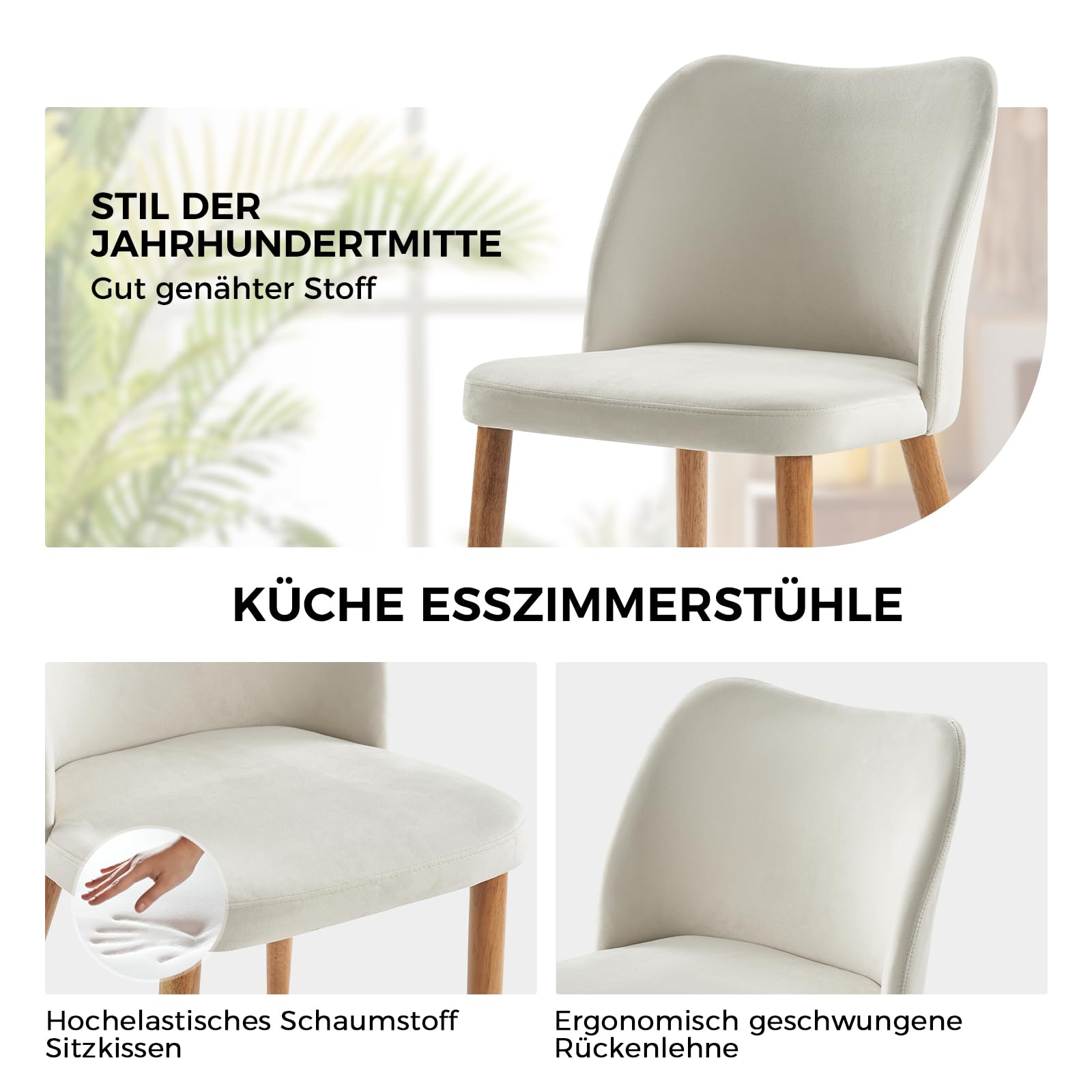 HULALA HOME 2er Set Esszimmerstühle, Schminktischstuhl, bequemer Küchenstuhl mit Holzbeinen für Wohnzimmer, Schlafzimmer und Esszimmer, Weiß