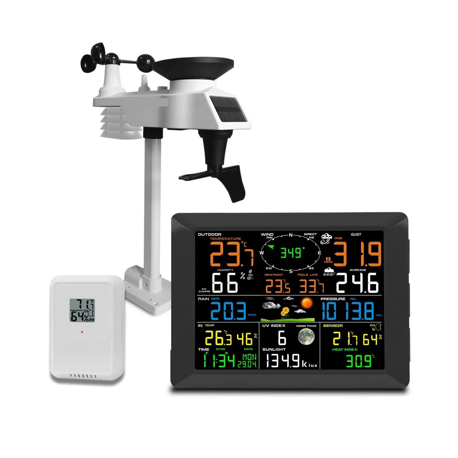 Generico Stazioni meteorologiche Wireless termoigrometro con Ampio Display da 10 Pollici, termoigrometro per Interni ed Esterni, pluviometro, velocità del Vento, 8 canali, Supporta