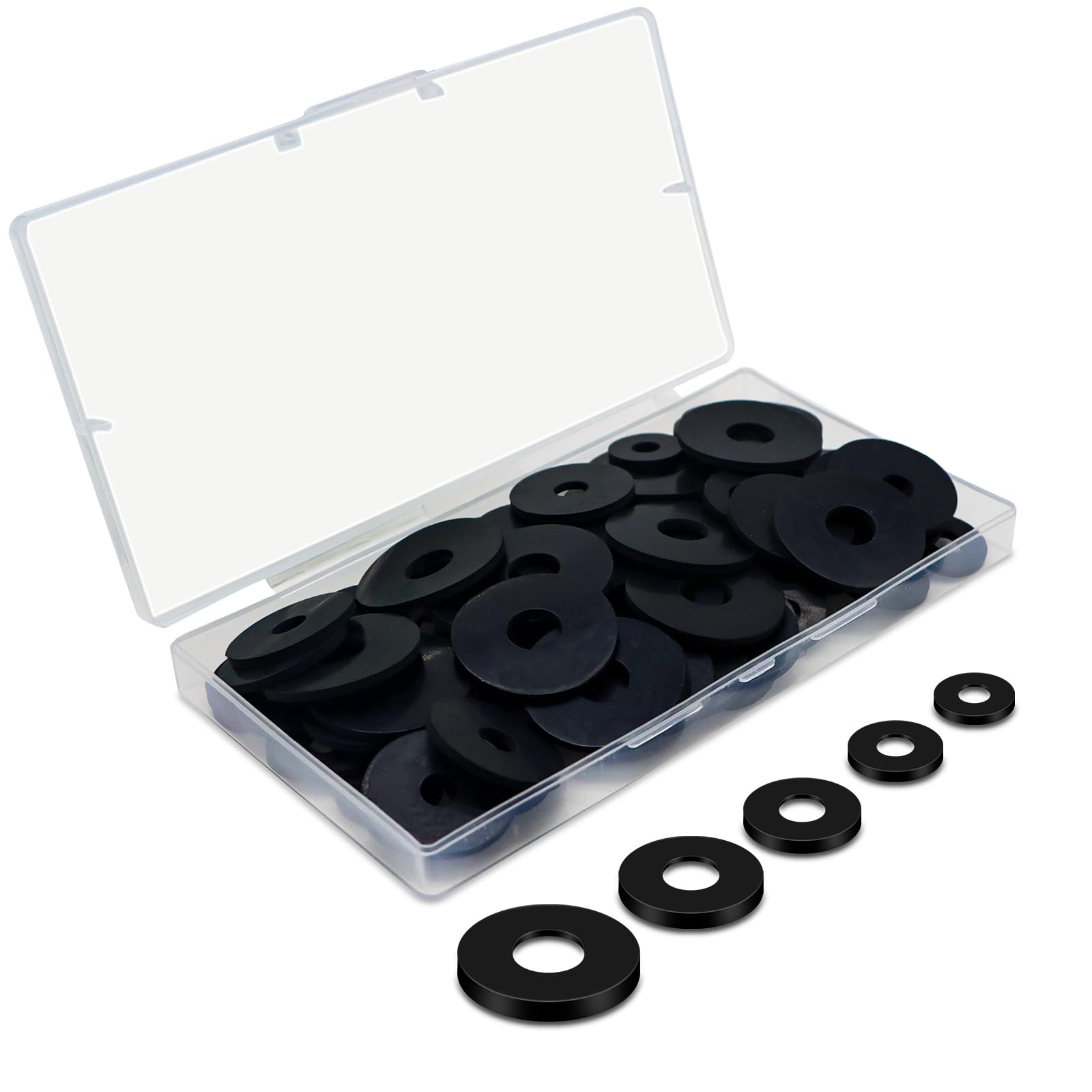 Black Flat Rubber Washers Assortment Kit 100 Pcs Set 16/18/20/25/30mm Heavy Duty Abrasion Resistant Vibration Damping Pads for Screws Plumbing Shower