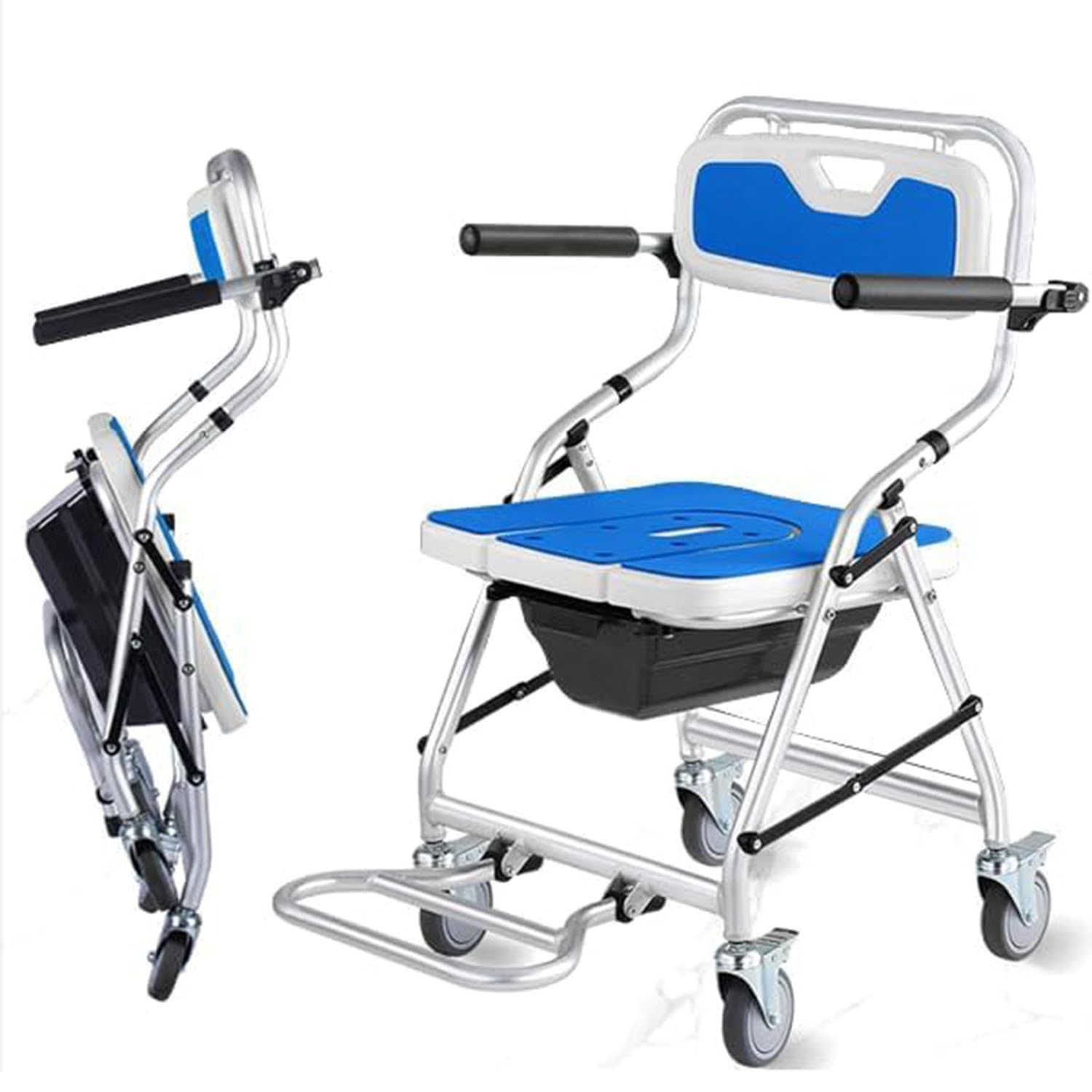 Foldable Shower Chair, Toilet Chair with Seat Belt Commode Anti-Slip Armrest Backrest & Toilet, Height Adjustable for Elderly Disabled(Blue)