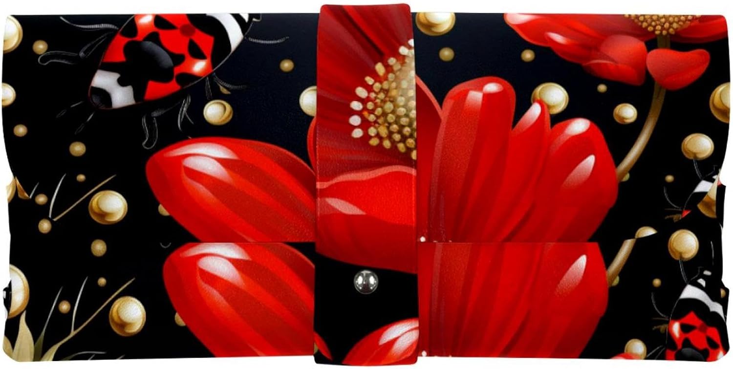 Slim Glasses Case, Ladybug Leather Portable Sunglasses Pouch, Horizontal Eyeglass Case for Women Men