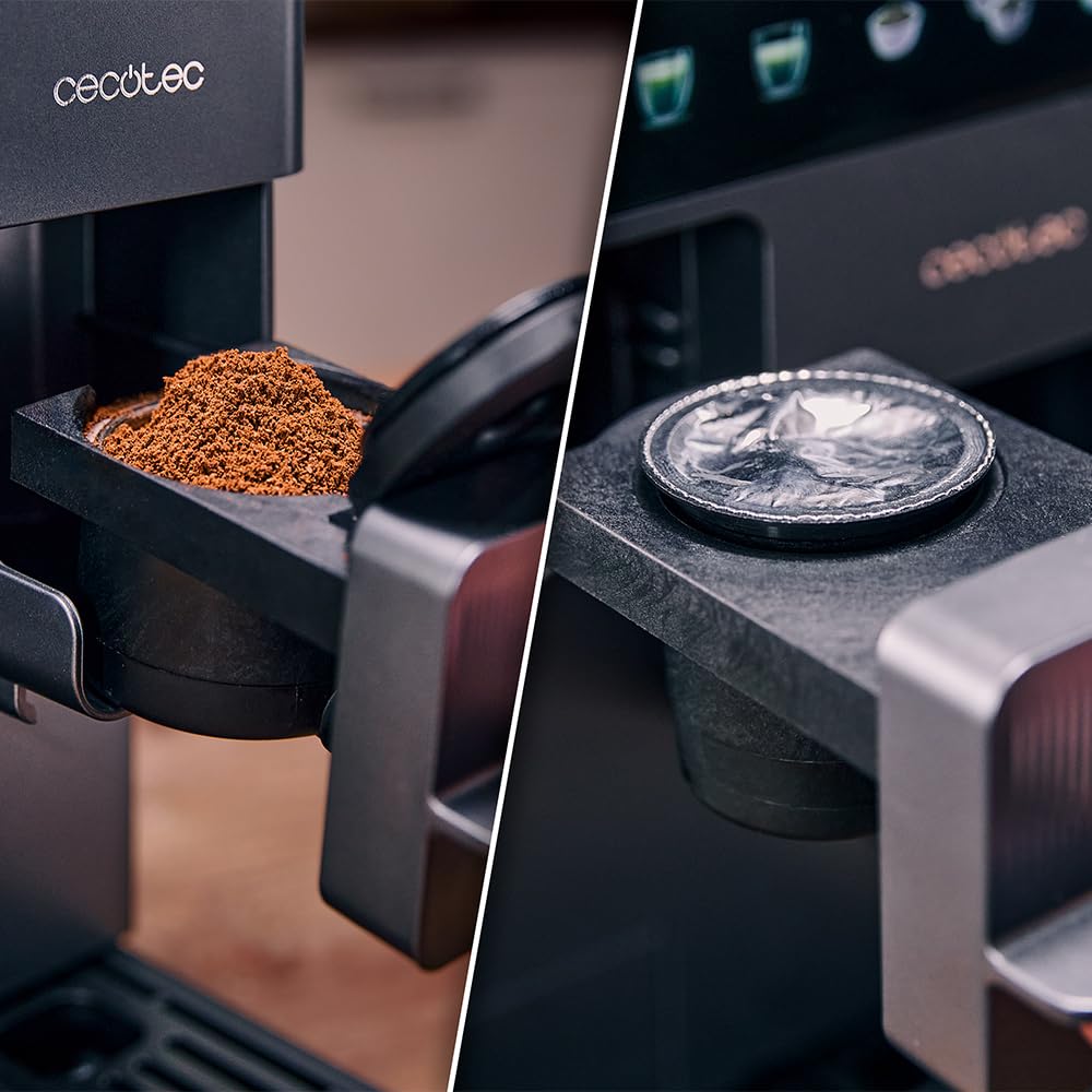 Cecotec Freestyle Grind & Latte Kaffeekapselmaschine, 1400 W, 20 bar, Multi-Kapseln, konische Mühle, 1,6 l Wassertank, 300 ml Milch, Thermoblock, Touchscreen