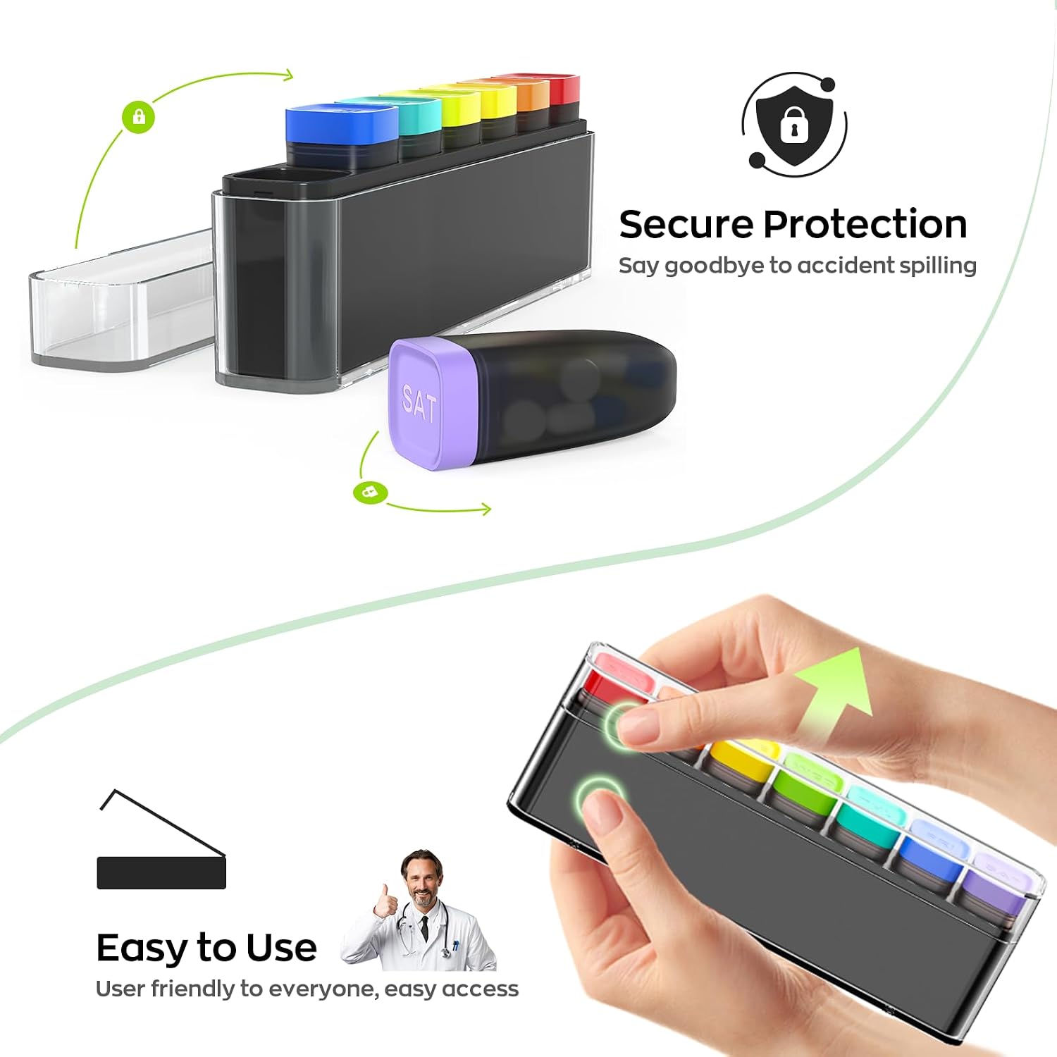 HIONXMGA Color-Coded Weekly Pill Organizer Once Daily, Detachable 7 Day Travel Pill Box with Upgraded Sealing Lids, Large Portable Pill Case for Medication, Vitamins, Supplements & Fish Oils, Black