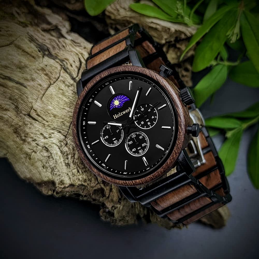 Holzwerk Germany Ręcznie wykonany designerski zegarek męski ekologiczny naturalny drewniany zegarek chronograf bransoletka zegarek analogowy zegarek kwarcowy brązowy czarny niebieski srebrny z fazą