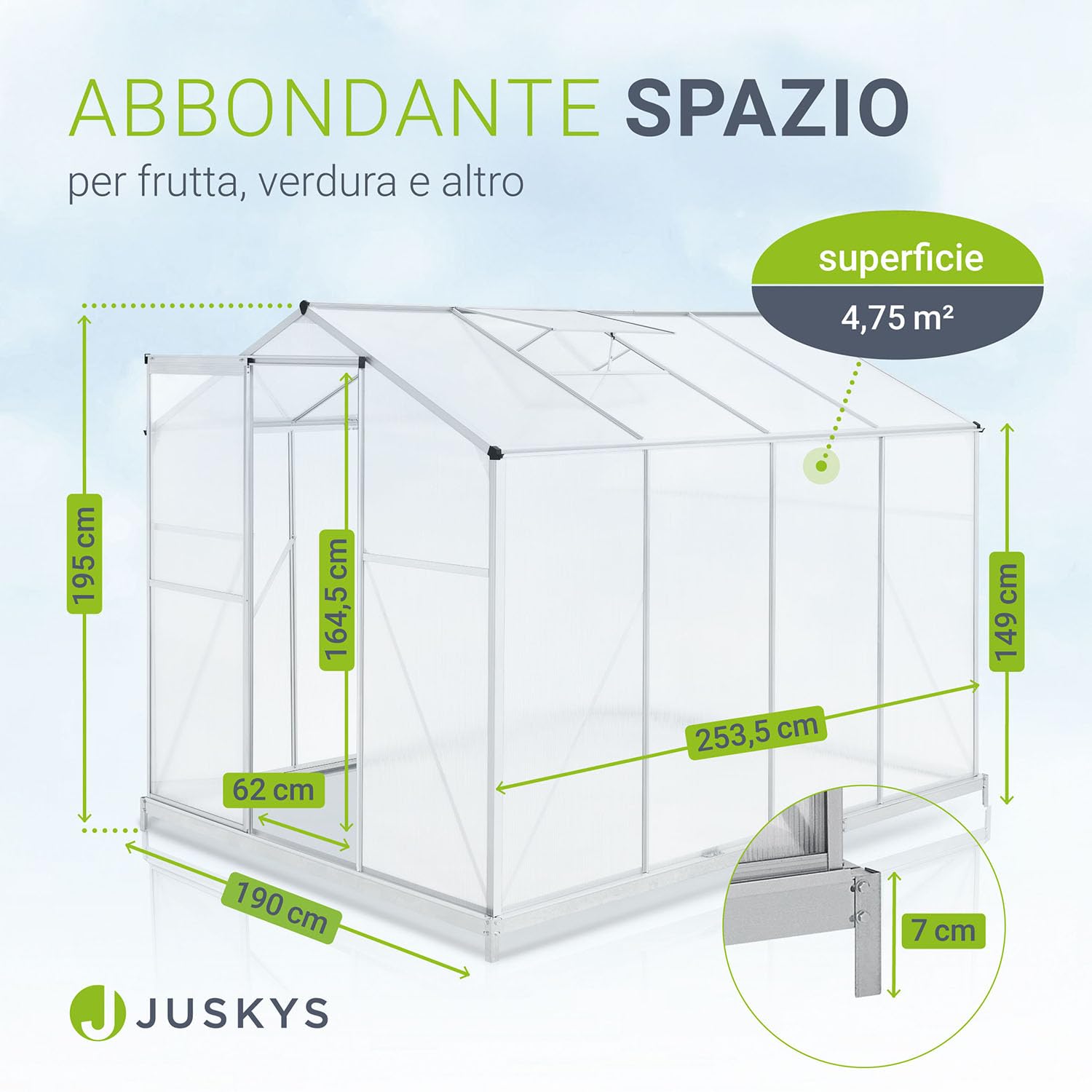 Juskys Serra in alluminio con fondazione 4,75 mq - 190 × 253 cm - 1 finestra sul tetto e porta scorrevole - pannelli da 4 mm - serra da giardino per piante