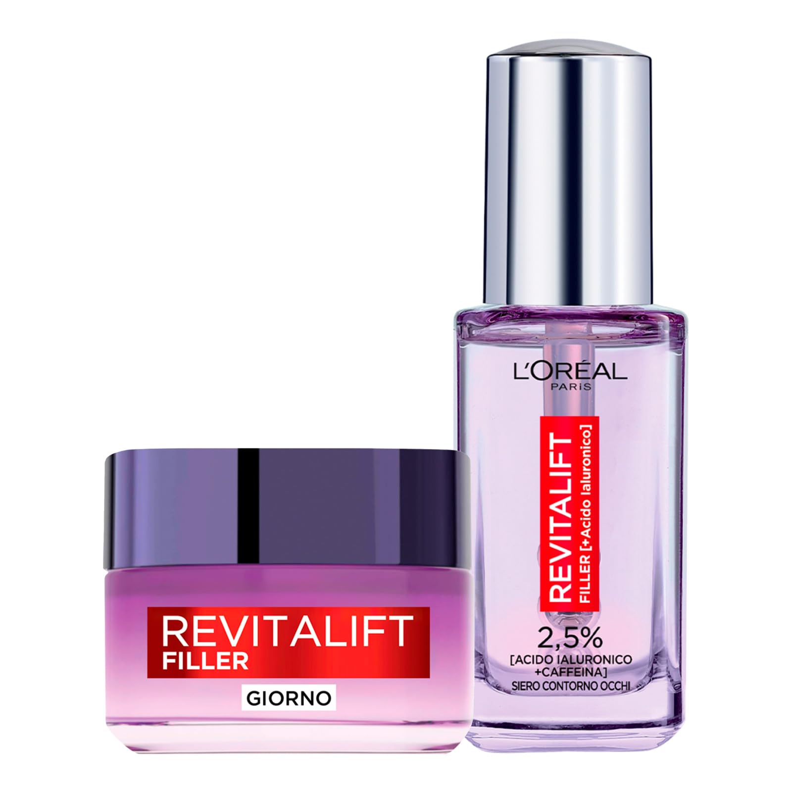 L'Oréal Paris Revitalift Filler Trattamento Anti-Rughe Rivolumizzante Giorno Crema Viso con Acido Ialuronico + Revitalift Siero Contorno Occhi Effetto Rinfrescante con Caffeina da 20ml - 2 Prodotti