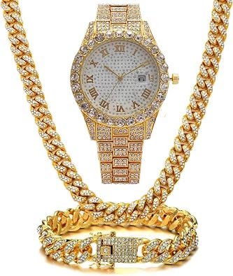 Hip Hop 13MM 3PCS KIT Watch+Necklace+Bracelet Bling Crystal AAA+ Iced Out Cuban Link Chain Rhinestones Charm Choker Chains for Women Men Jewelry Set