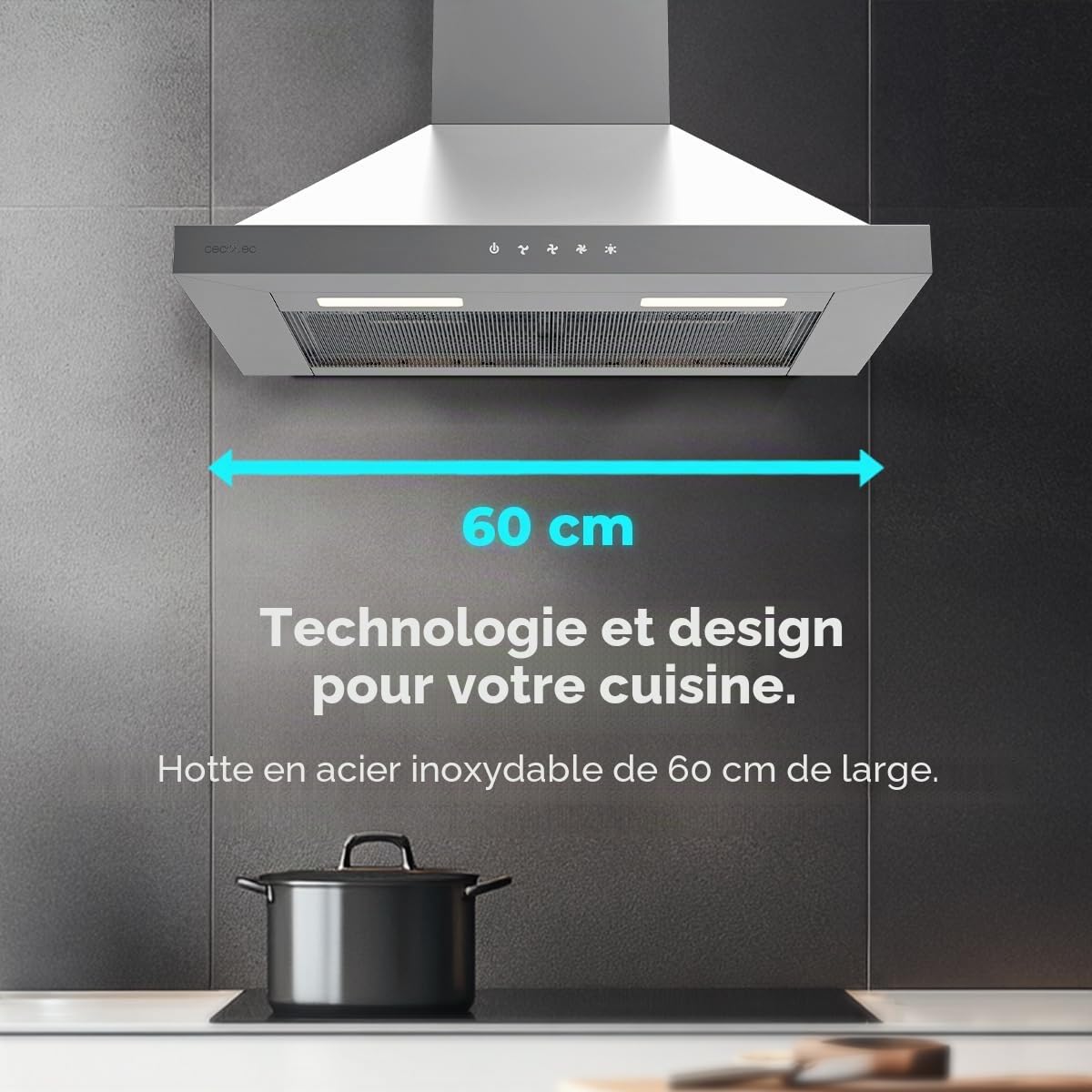 Cecotec Hotte Aspirante 60cm Pyramidale Bolero Flux PT 604000 Inox A+++. Aspiration 427,6m³/h, 3 Vitesses, SS Touch Control, Finition Inox, Basse Consommation, Moteur DC, Éclairage LED, Filtres Inclus