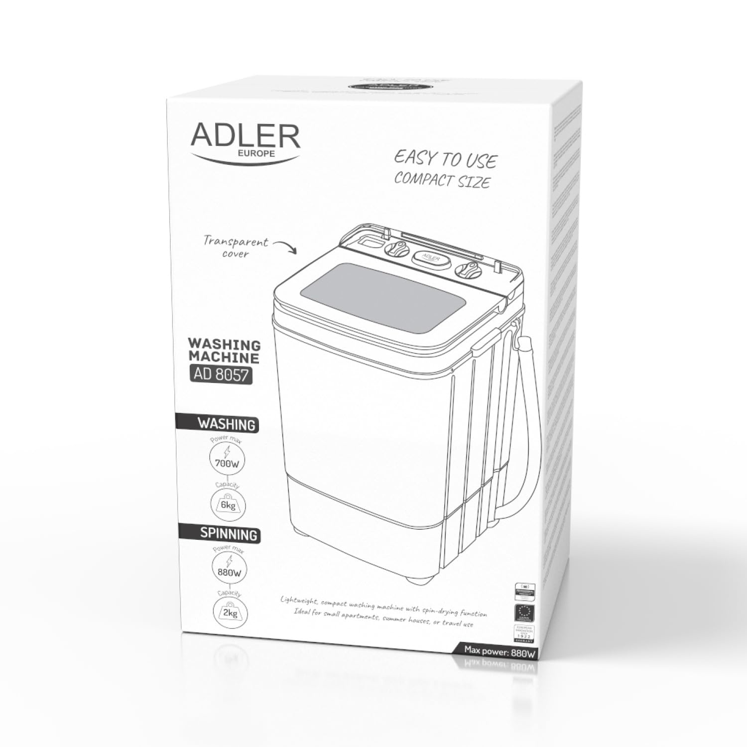 Adler AD 8057 - Lavadora con función centrifugado (6 kg, ideal para camping, autocaravanas y apartamentos pequeños)