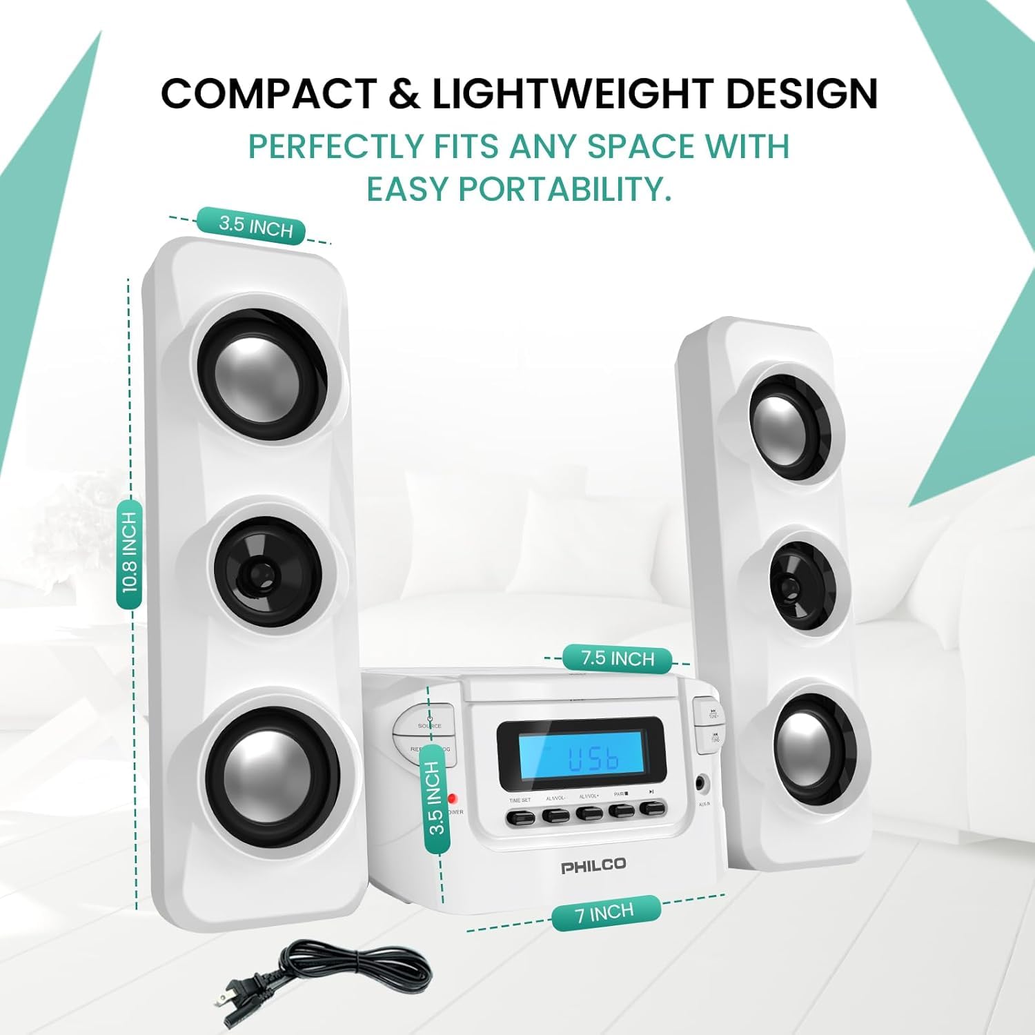 Philco Systemy regałów stereo, kompaktowy system regałów CD z cyfrowym radiem stereo FM, bezprzewodowym Bluetooth i pilotem zdalnego sterowania w kolorze czarnym, wyświetlacz LCD, kompatybilny z