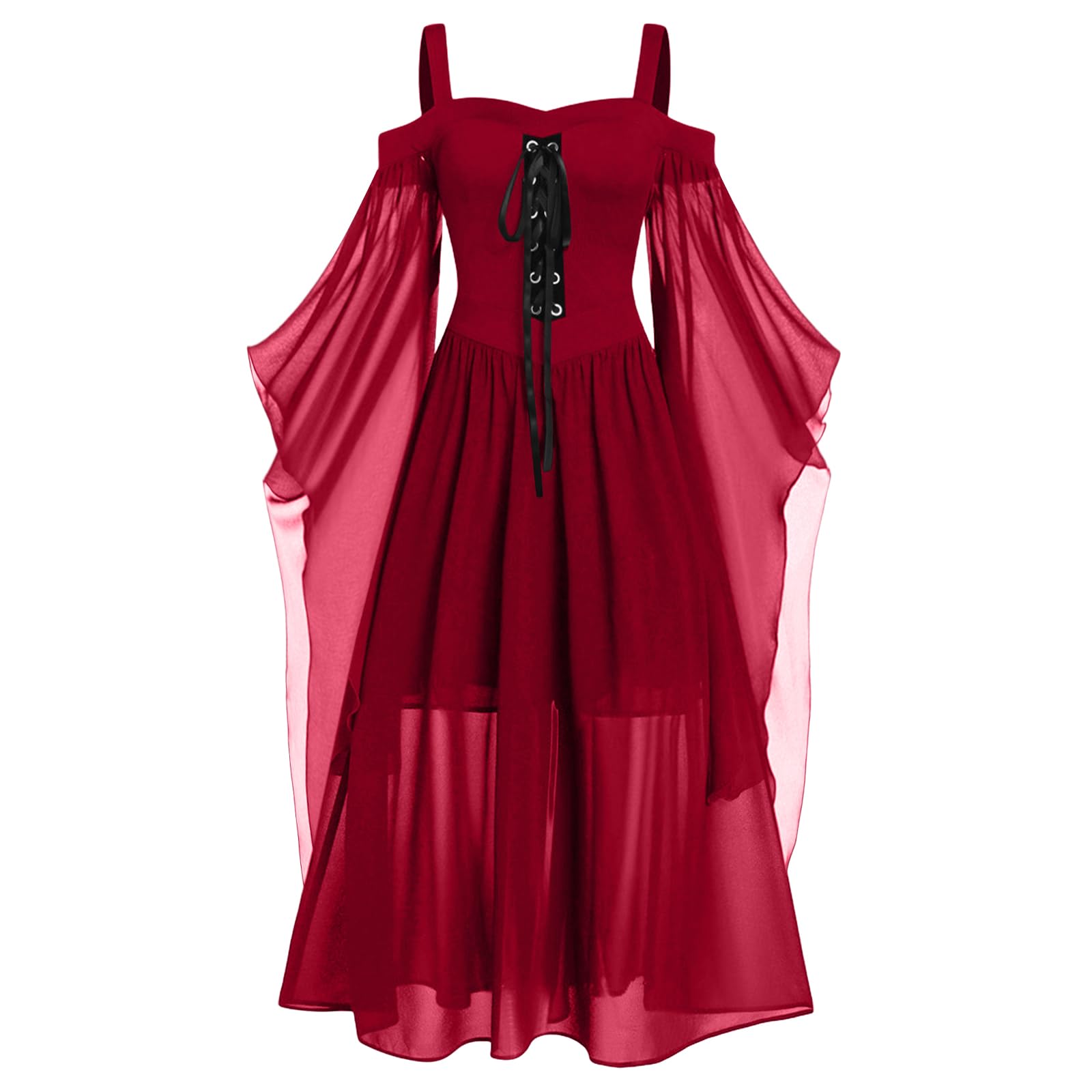 Nuoke Womens Halloween Costume Adult Halloween Costumes Women's Butterfly Sleeve Sexy Lace Gothic Medieval Dresses Brick Red — image 1