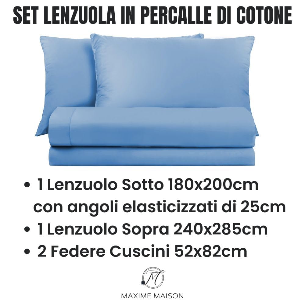MAXIME MAISON - Lenzuola Percalle Matrimoniale Made in Italy, Completo Letto Realizzato in Cotone Pregiato a Trama Fitta, Biancheria da Letto Certificata Oeko Tex Standard 100 (Carta Da Zucchero)