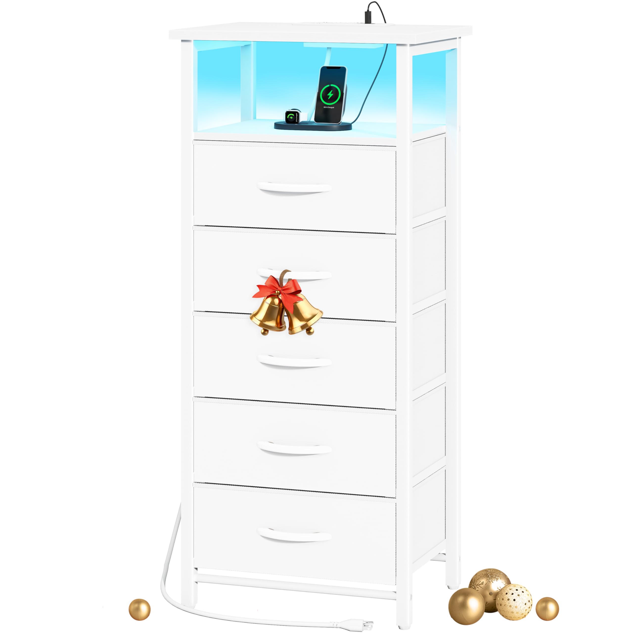 Yoobure 5 Drawers Dresser for Bedroom, Tall Nightstand with Charging Station, Fabric Dresser for Closet with Storage Shelf, Vertical Dressers Chest LED Night Stand, Bedside Table for Dorm Living Room
