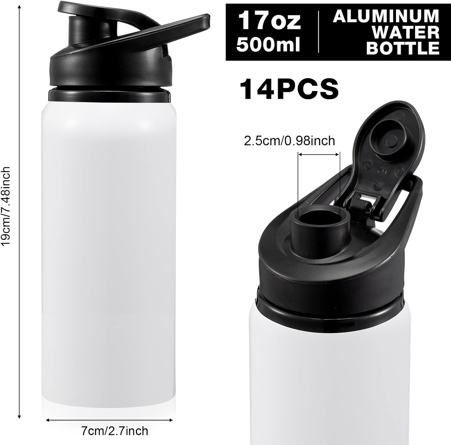 14 Pcs Aluminum Water Bottle 17 Oz Bike Bottles with Snap Lid Reusable Easy Carry Sports cups for Camping Hiking(White) - Image 2