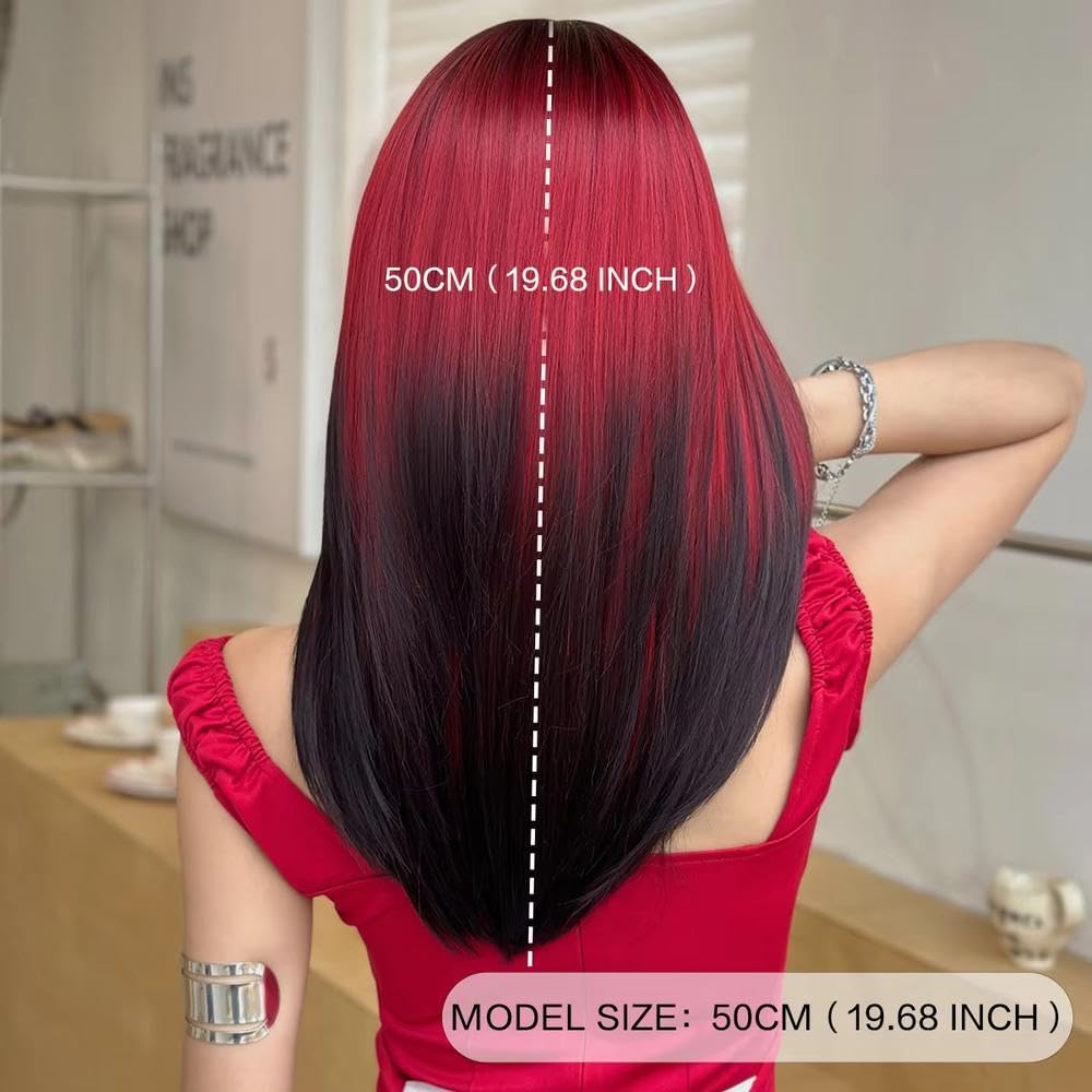 Haarpflege Schulterlange Gerade Schwarze Ombre Rot Perücke Für Damen Geschichtete Wear and Go Perücken Mit Dunklem Ansatz