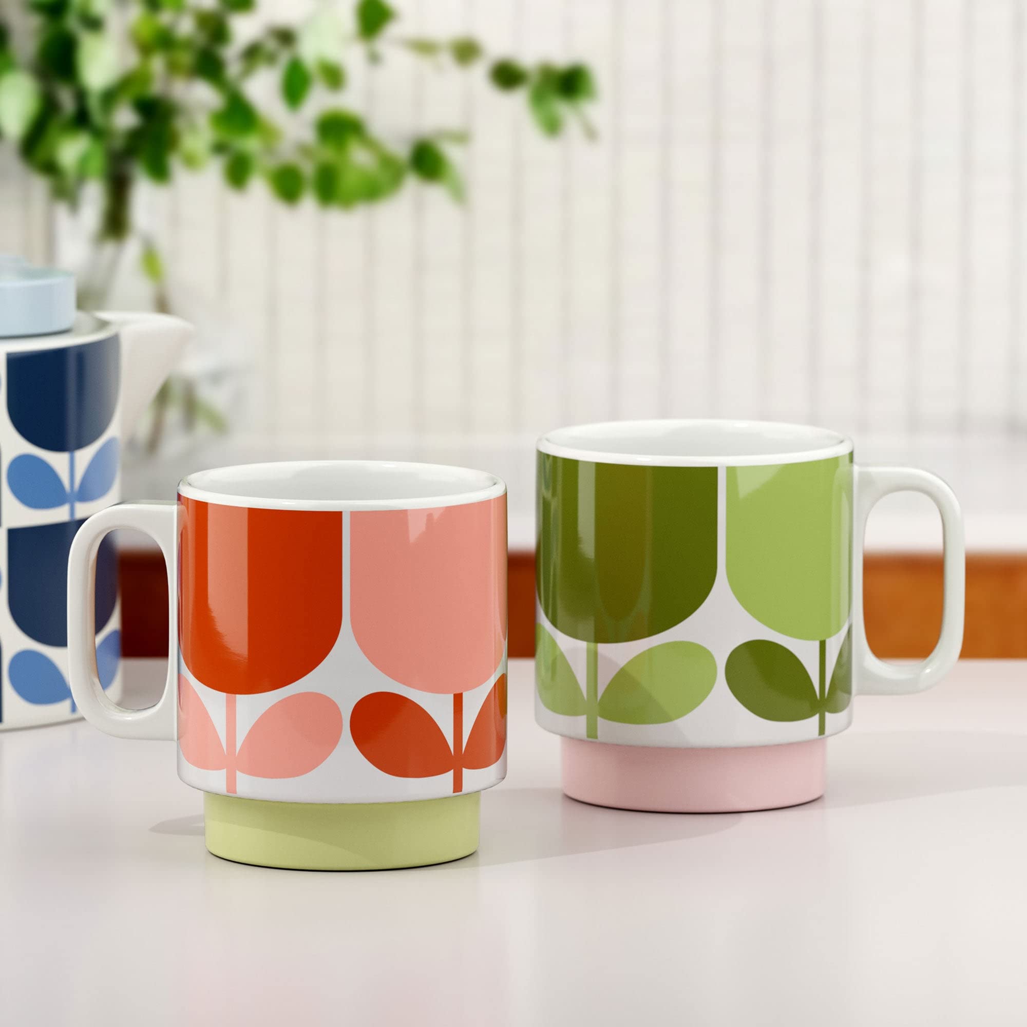 Orla KielySet of 2 Stacking Mugs Ceramic Block Flower - Tomato/Fern Gift Boxed