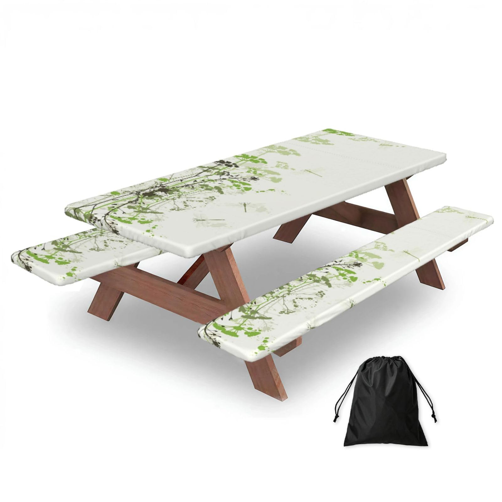 EZDLOWVBA Foliage And Herbs With Dragonflies Winged Print Picnic Table Cover With Bench Covers Waterproof Fitted Picnic Table Outdoor Elastic Picnic Tablecloth Outdoor Camping Essentials(3pcs)